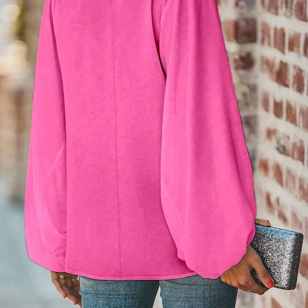 Hot Pink Casual Women's Plus Size V-Neck Long Sleeve Blouse - Picture 2 of 4